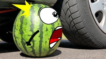减压实验：牛人把西瓜、海绵、减压球放在车轮下，好减压，勿模仿