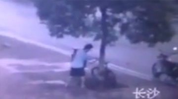 奇葩！监拍男子为偷自行车锯树 得手后放摩托车运走