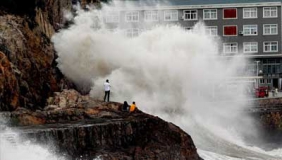 【拍客】9号超强台风灿鸿，温州洞头鱼儿拼命往陆地上逃