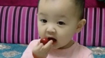 爸爸给萌宝端来一盘樱桃，接下来萌宝的反应太可爱了！