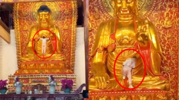 重点保护文物！实拍：湖北一女游客爬、抱佛像引“众怒”！