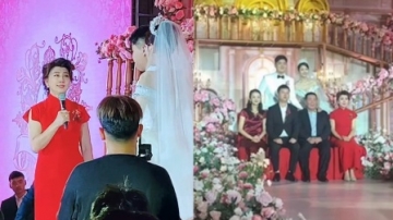 闫学晶27岁儿子婚礼，众星齐祝贺现场超气派，前夫现身拍全家福